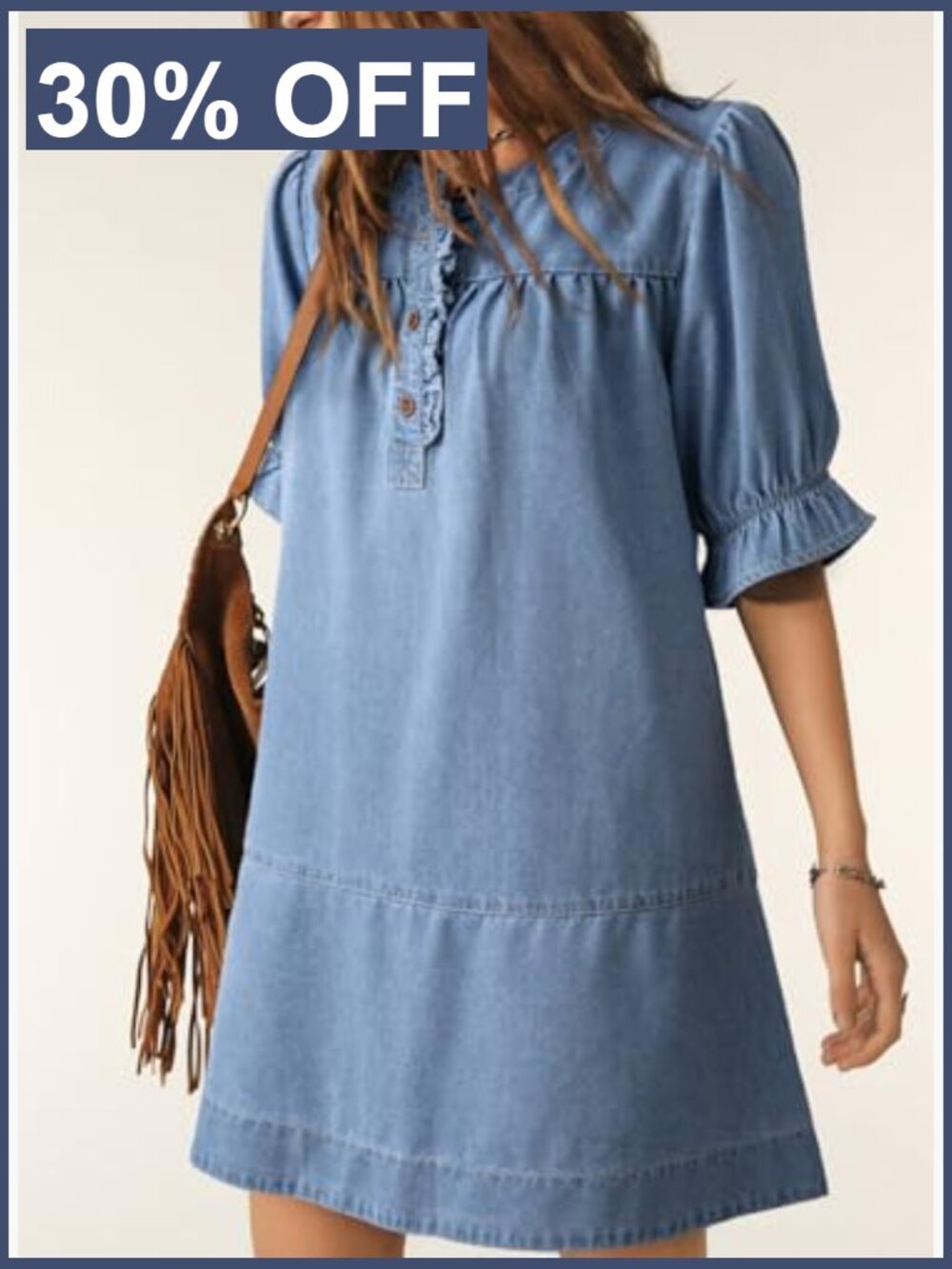 Denim Babydoll Dress with Short Sleeves and Button Front - Picture 6 of 7